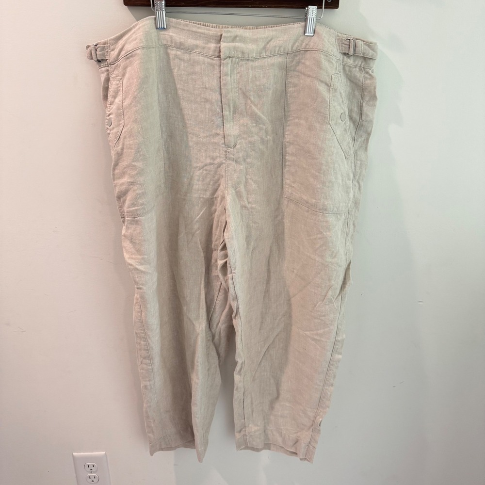 Athleta Oatmeal Voyager 100% Linen Adjustable Waist Ankle Pants Size 22‎
